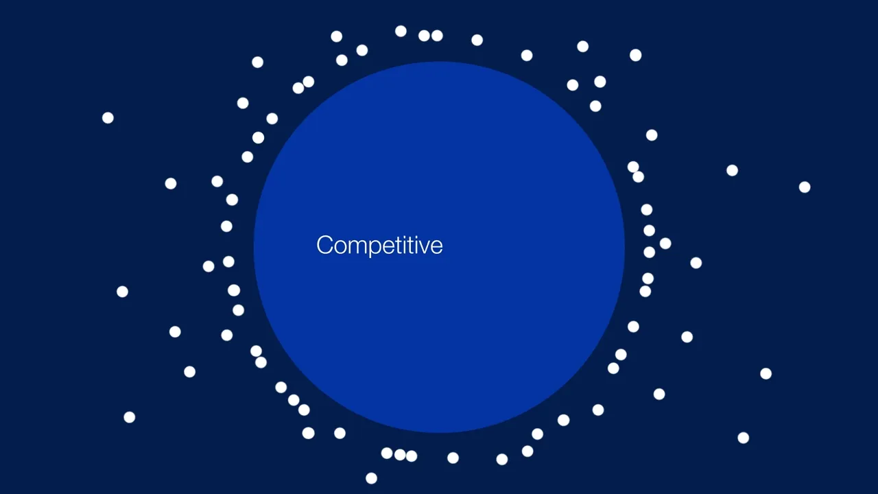 Animated clip of a large circle surrounded by lots of tiny dots where only one dot makes it into the large circle