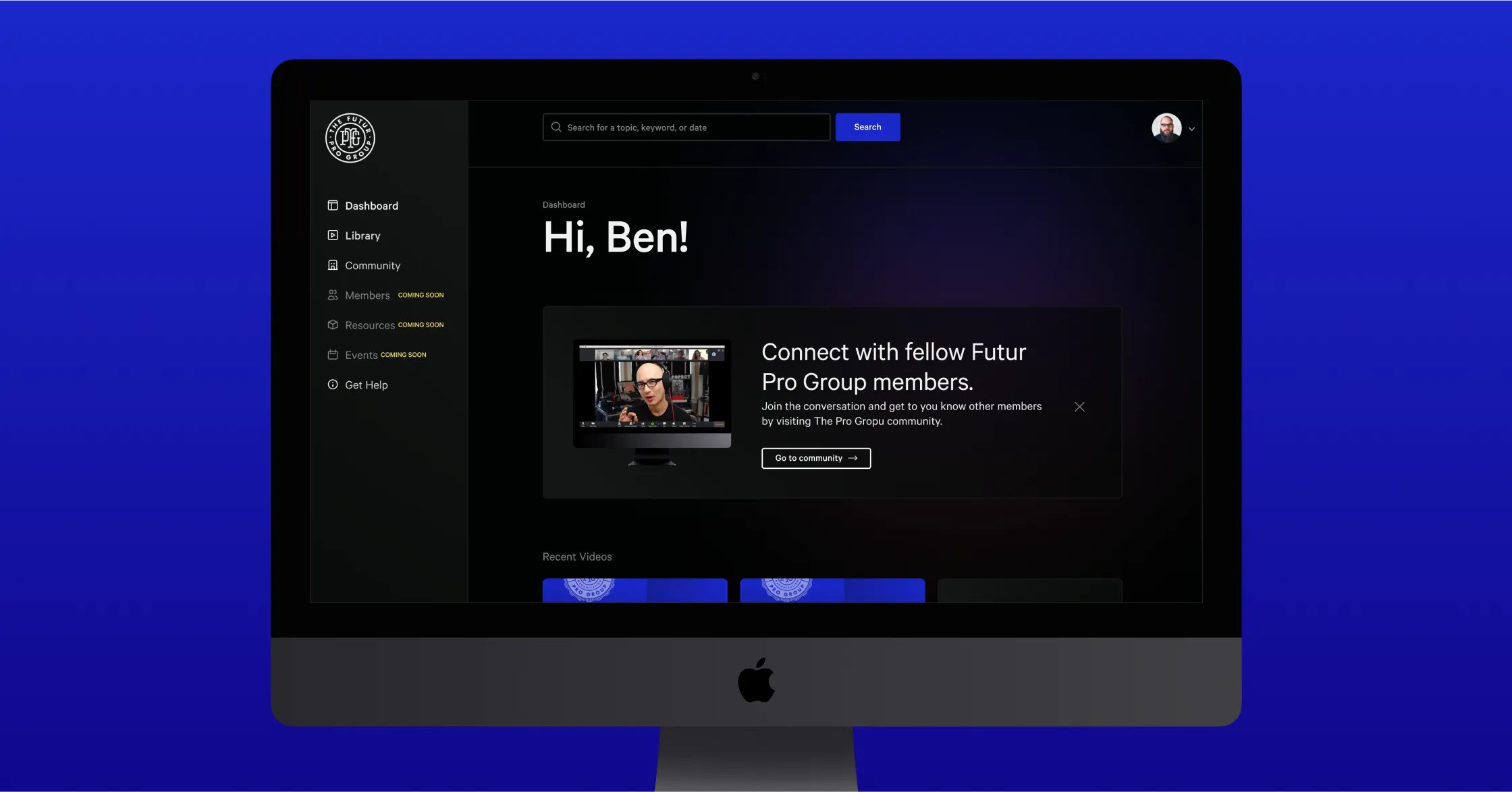 Design mockup of membership dashboard