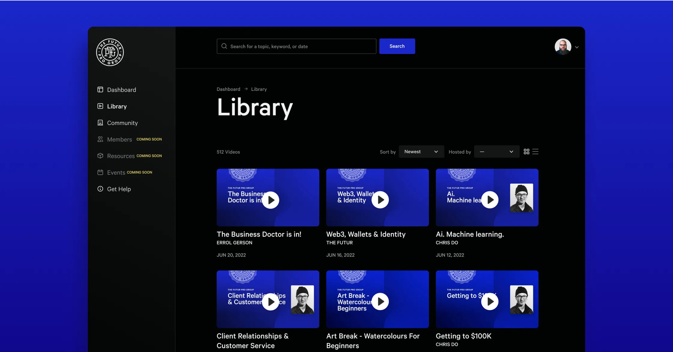 Design mockup of the video content library