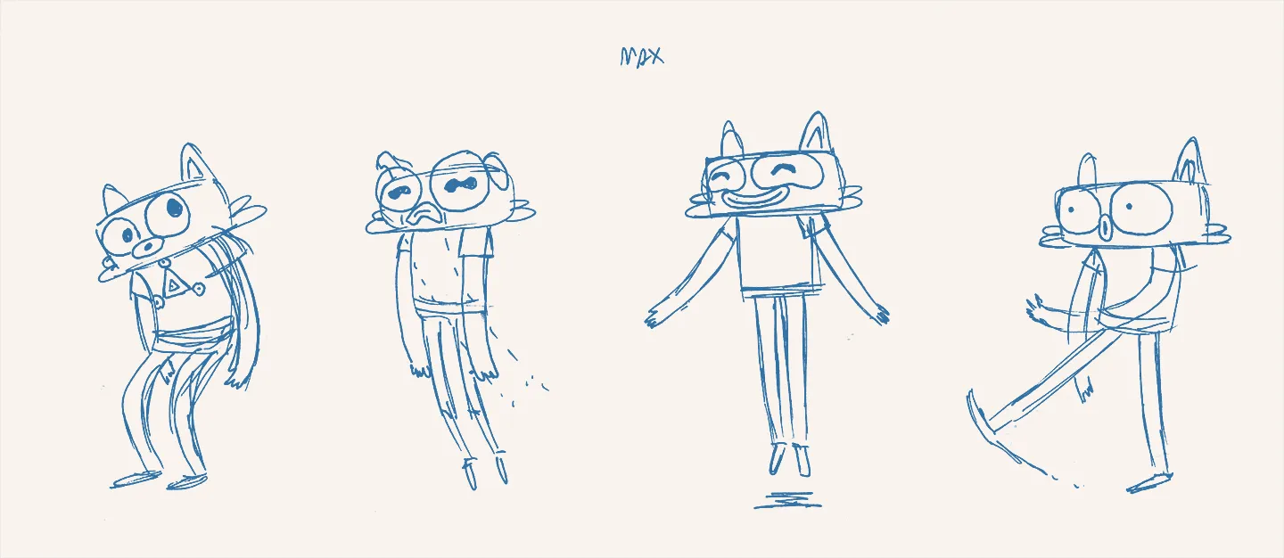 Horizontal line up of four sketches in blue pencil for the character "Max"
