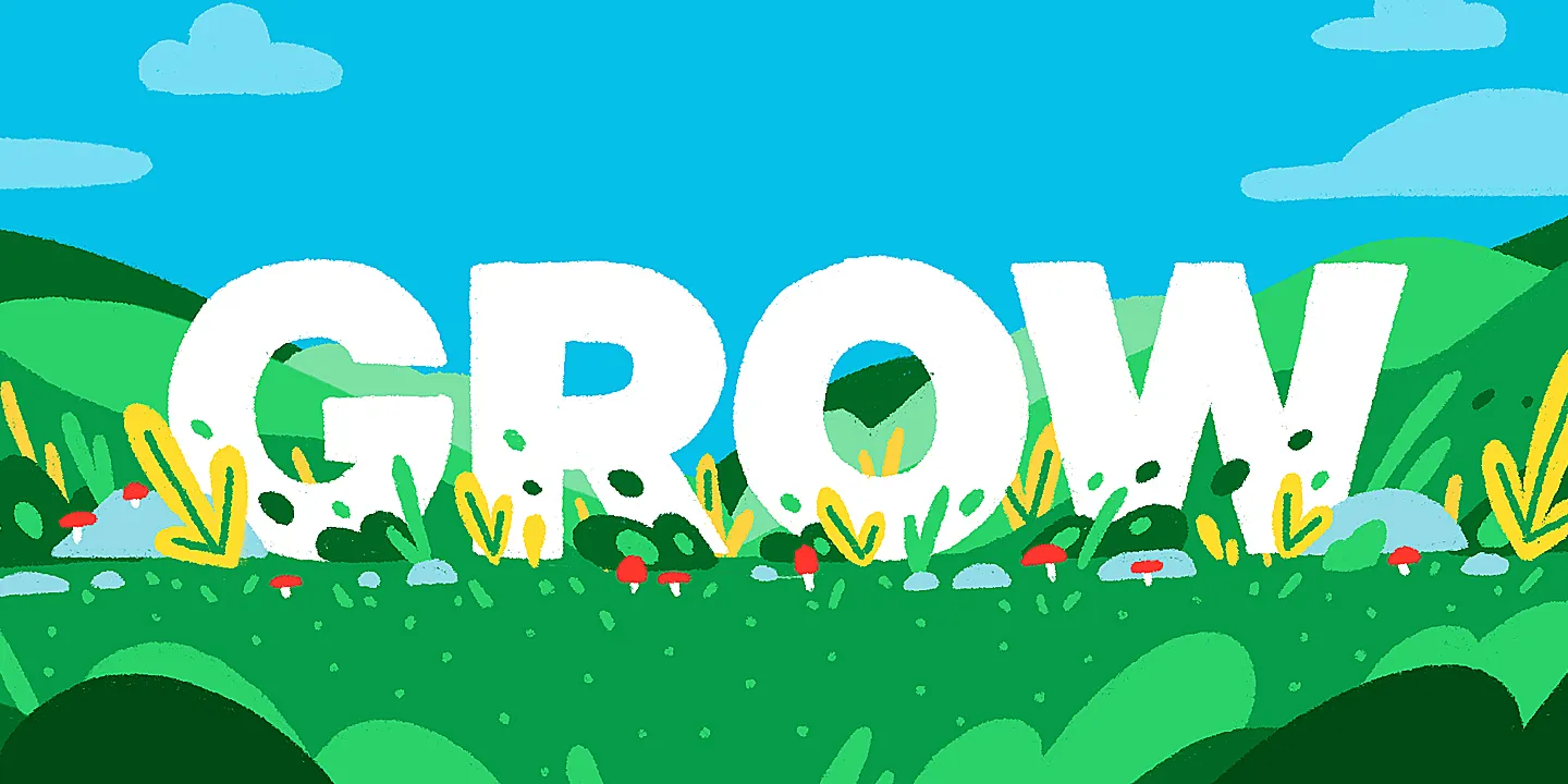 Illustrative landscape with the word GROW in the center