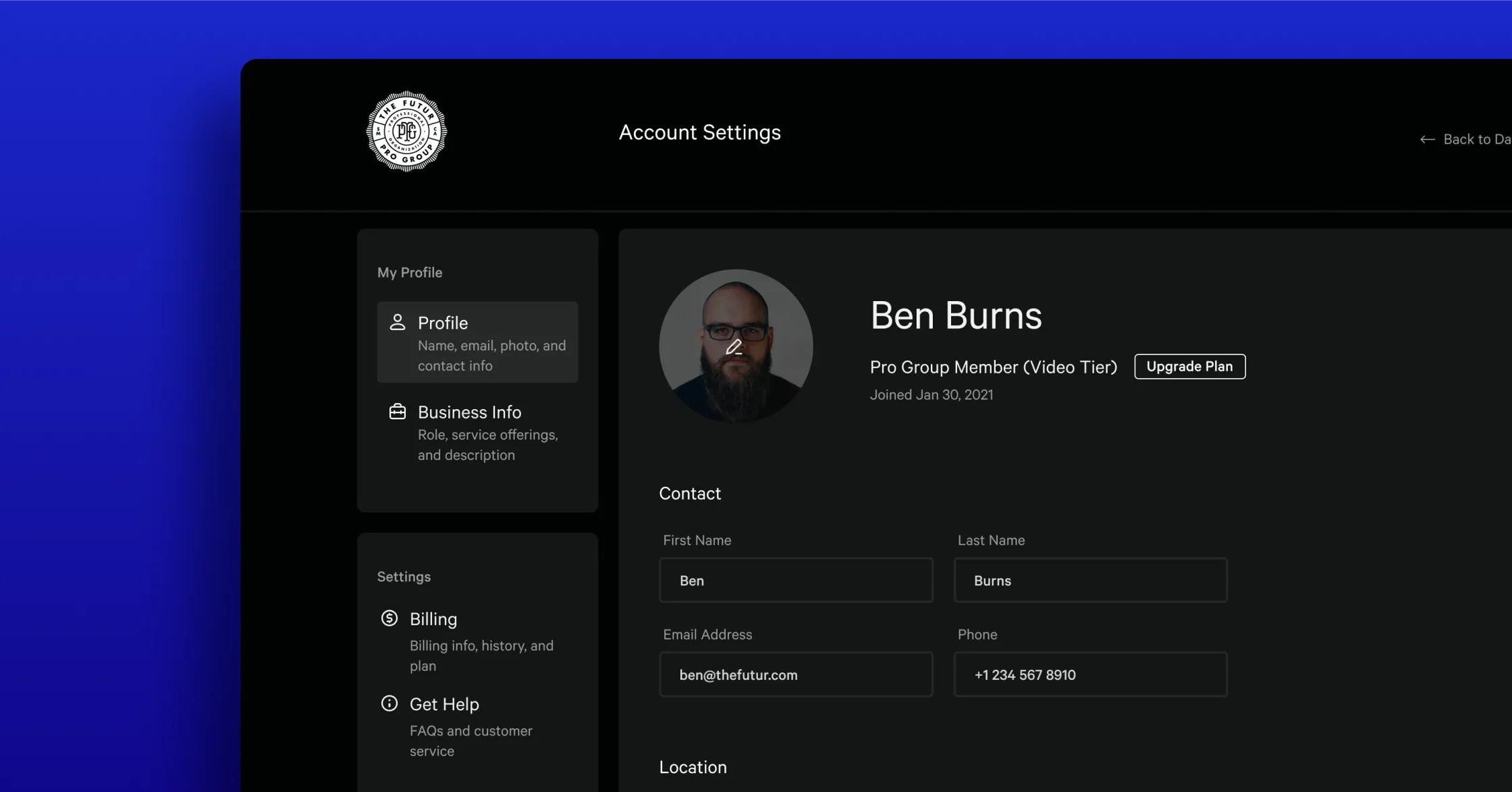 Detailed, close up design mockup of edit your profile screen