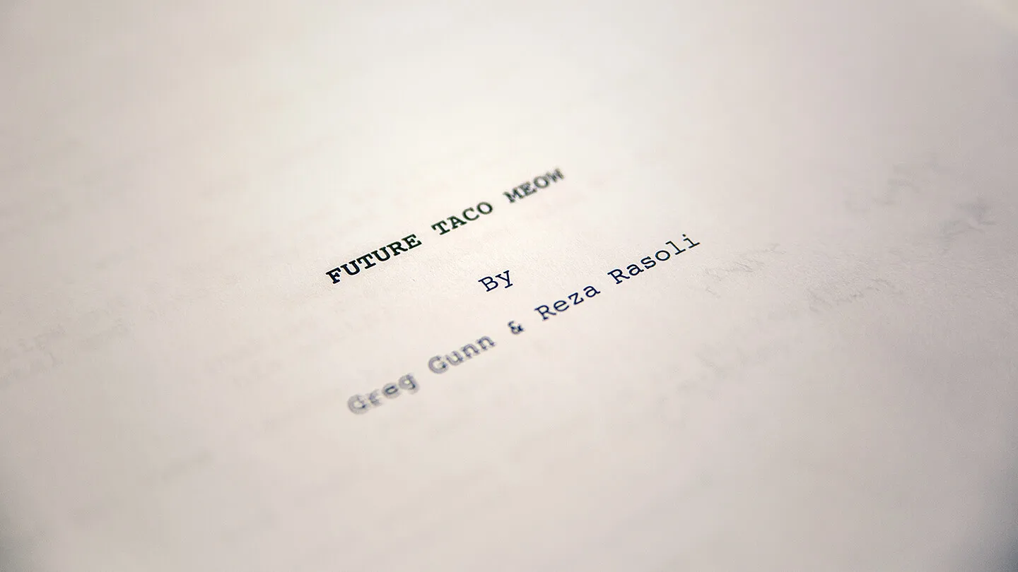 Photo of the first draft script title page that reads "Future Taco Meow"