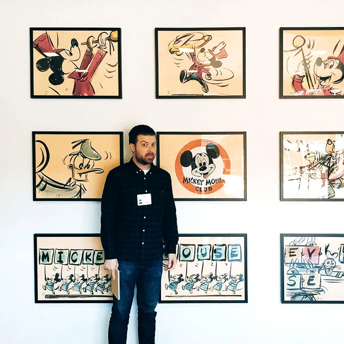 Photo of the author at Disney studios in Burbank, CA with a nervou expression on his face.