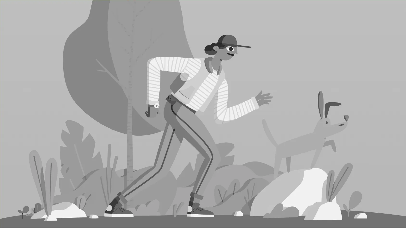The same vector illustration of a person and their dog, but in black white illustrating the black, white, and gray values
