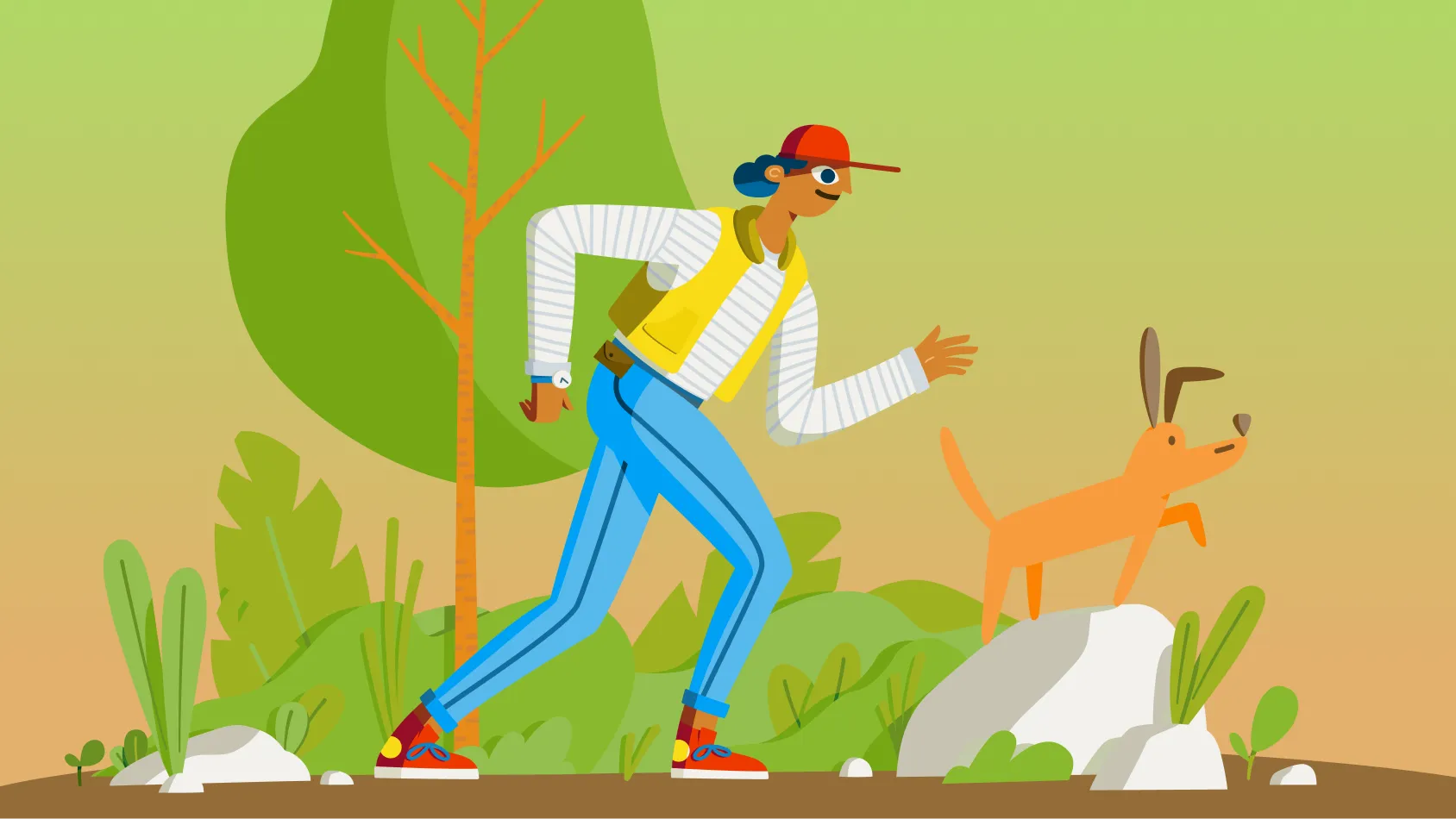 A colorful, vector illustration of a person in a yellow vest walking through the forest with their pointer dog that is standing on a large rock with colors that are all over the place and lack contrast