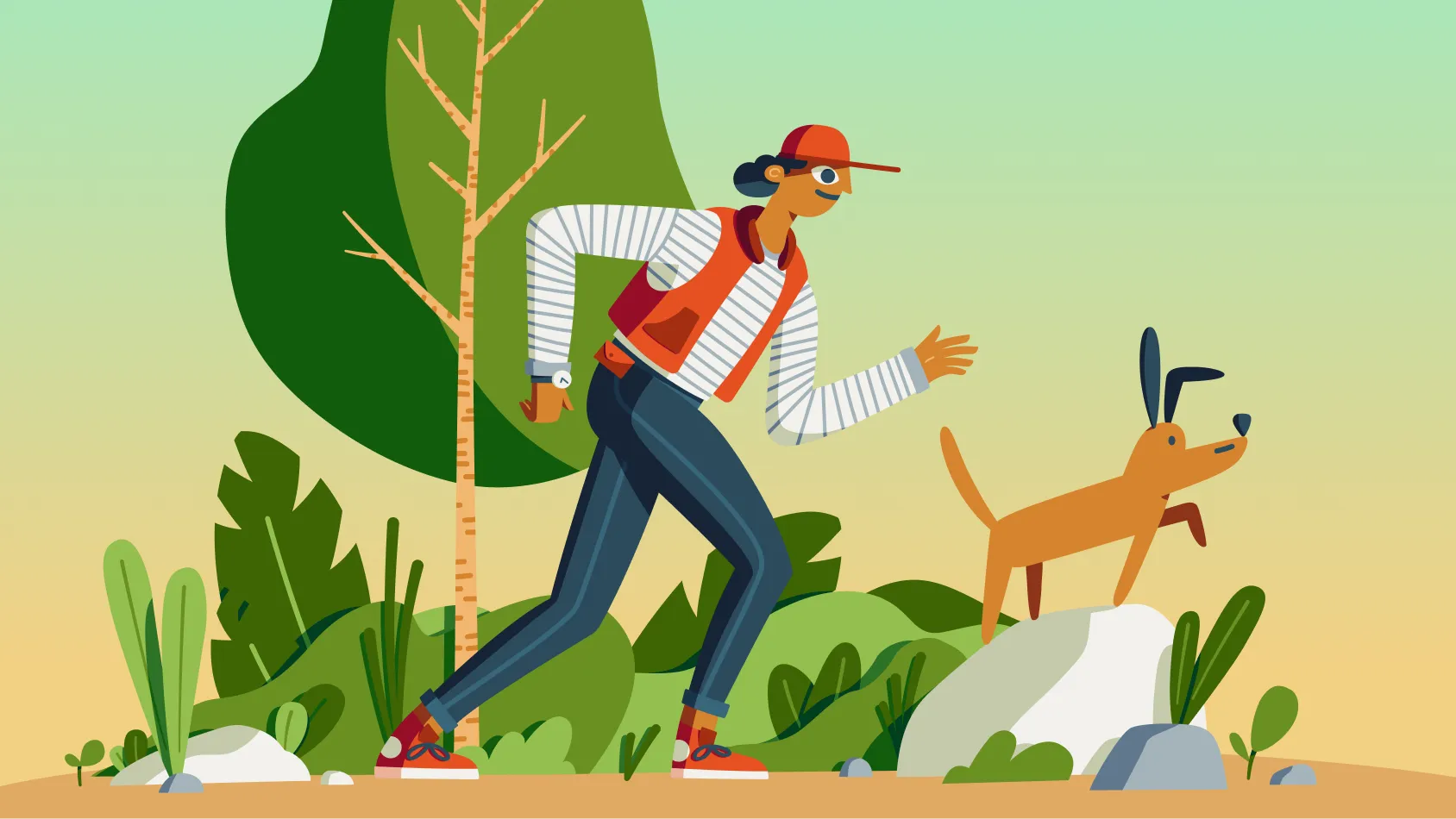 A colorful, vector illustration of a person in a red vest walking through the forest with their pointer dog that is standing on a large rock