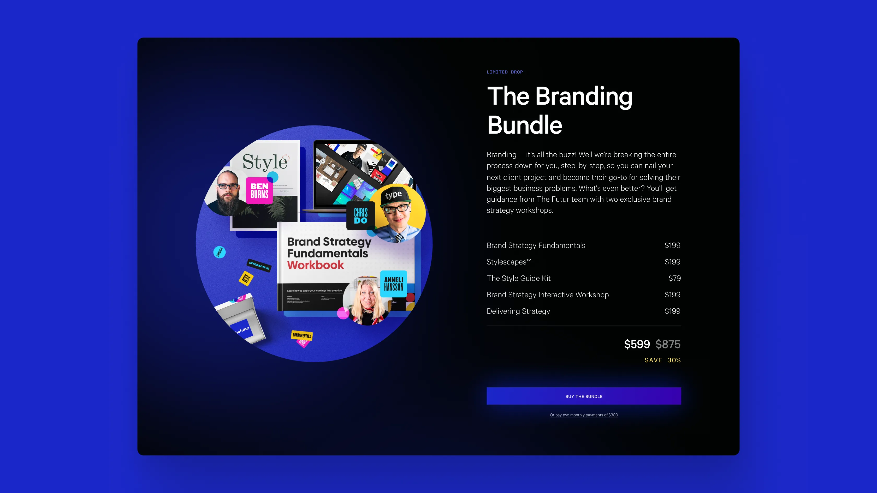Design mock up for The Futur Black Friday landing page featuring The Branding Bundle drop of products, pricing, and a buy button