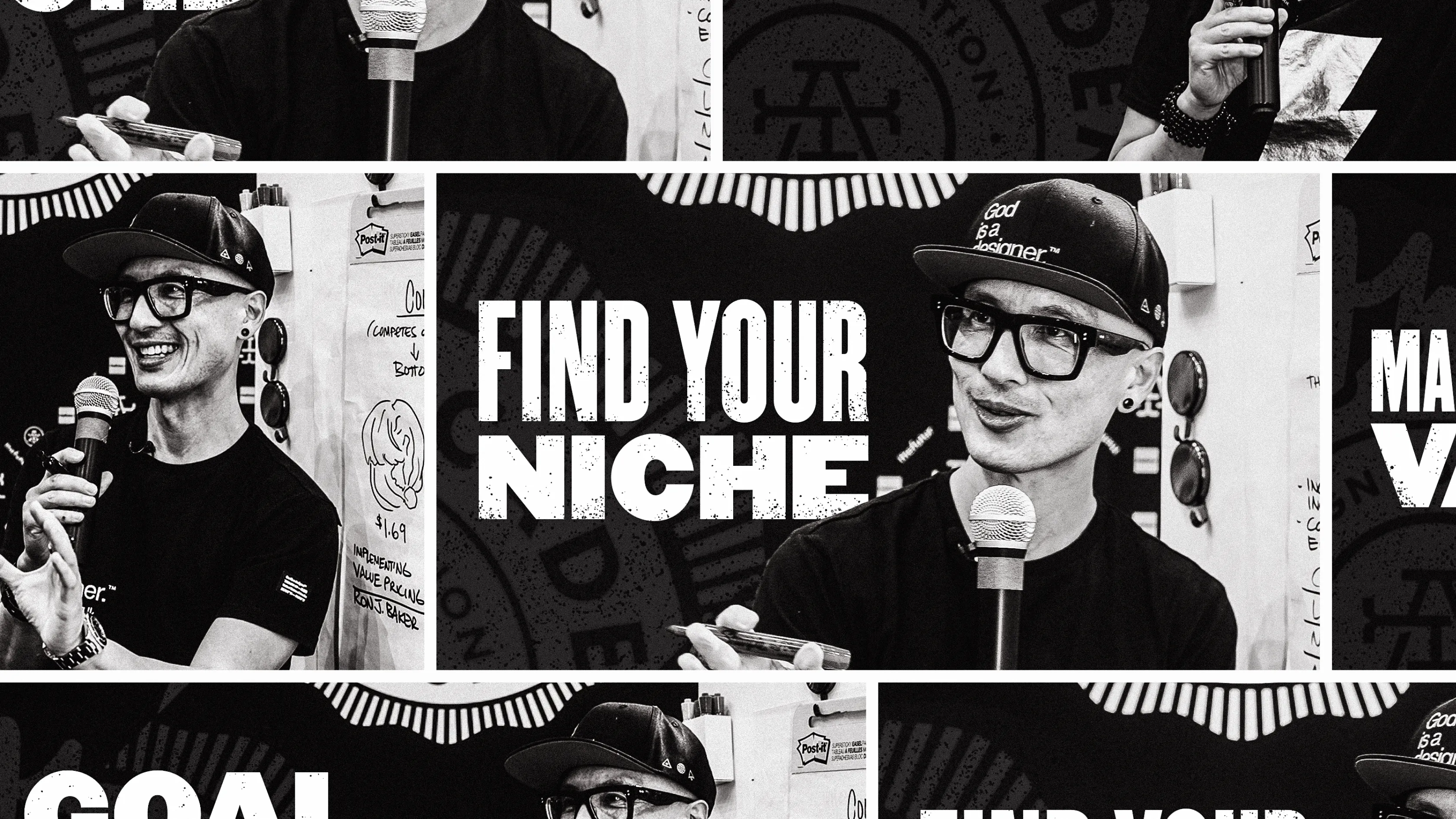 A grid of stylized black and white images of Chris Do used for marketing design