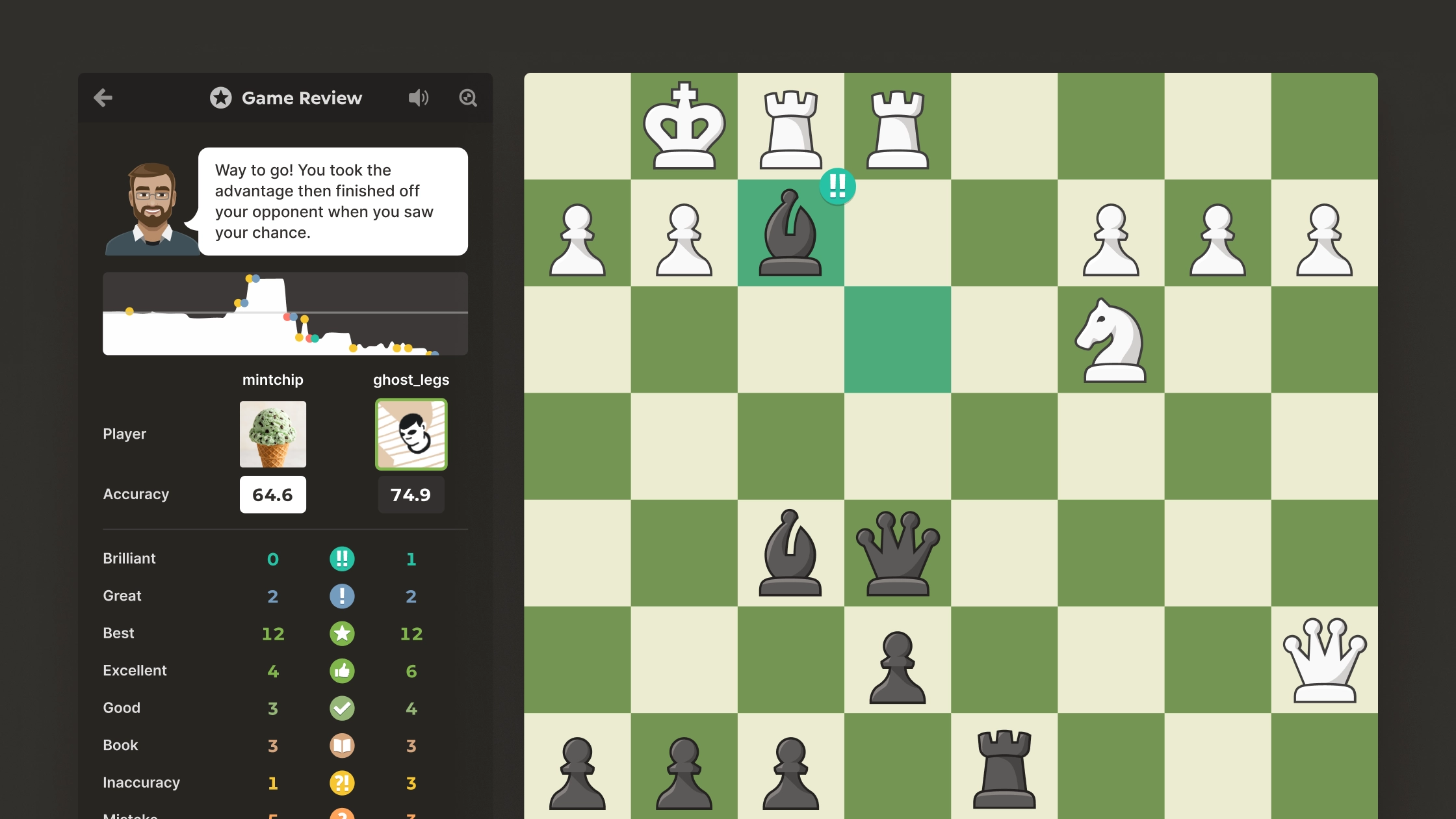 Web user interface redesign for Chess.com's Game Review feature next to a board that highlights a brilliant move