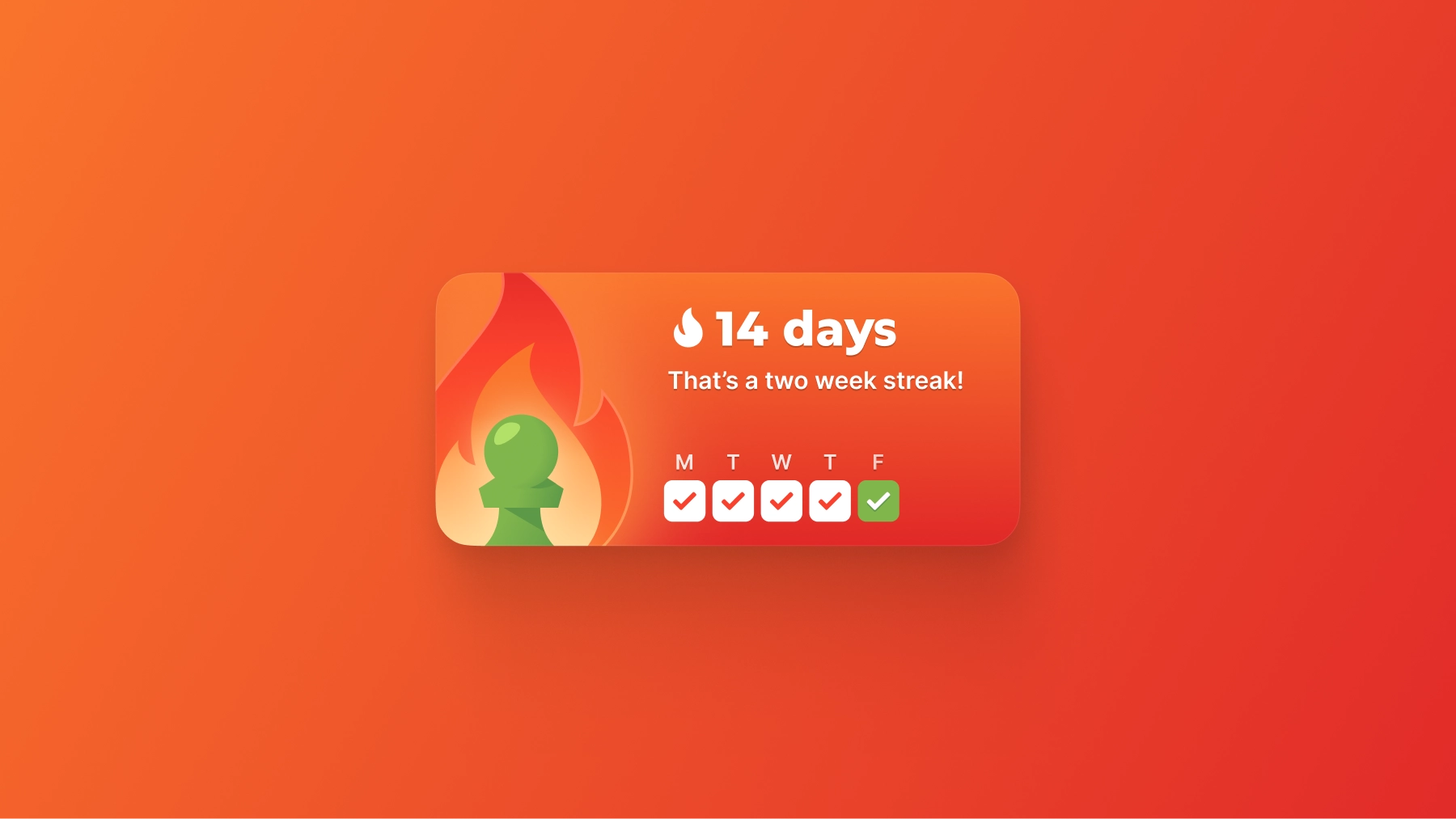 Design mockup for a wide Chess.com mobile widget that tracks your play streak count featuring fiery artwork, the Chess.com green pawn, and 5 boxes with checkmarks in them.