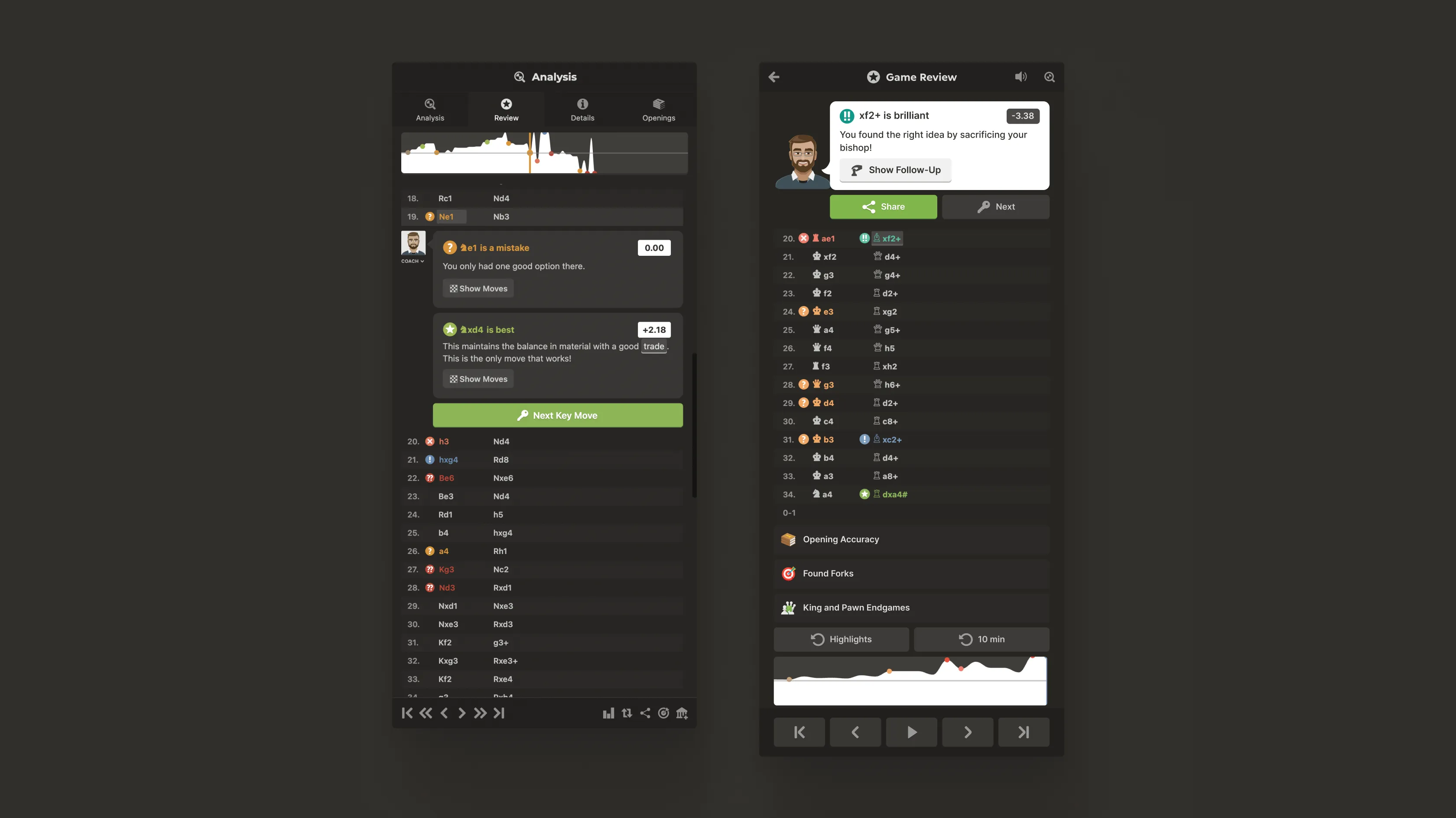 Two mobile Game Review screens: the move-by-move review with inline coach explanations of a mistake and the best move, and the annotated move list highlighting a brilliant move with Share and Next actions plus training-topic links.