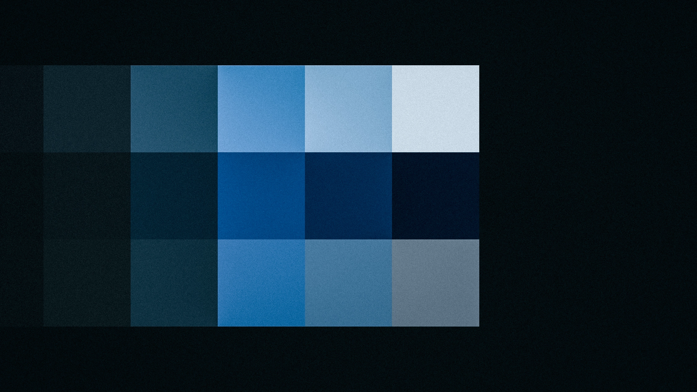 Abstract image of a group of square blue swatches of various tints, tones, shades, and opacity over a dark, cool background