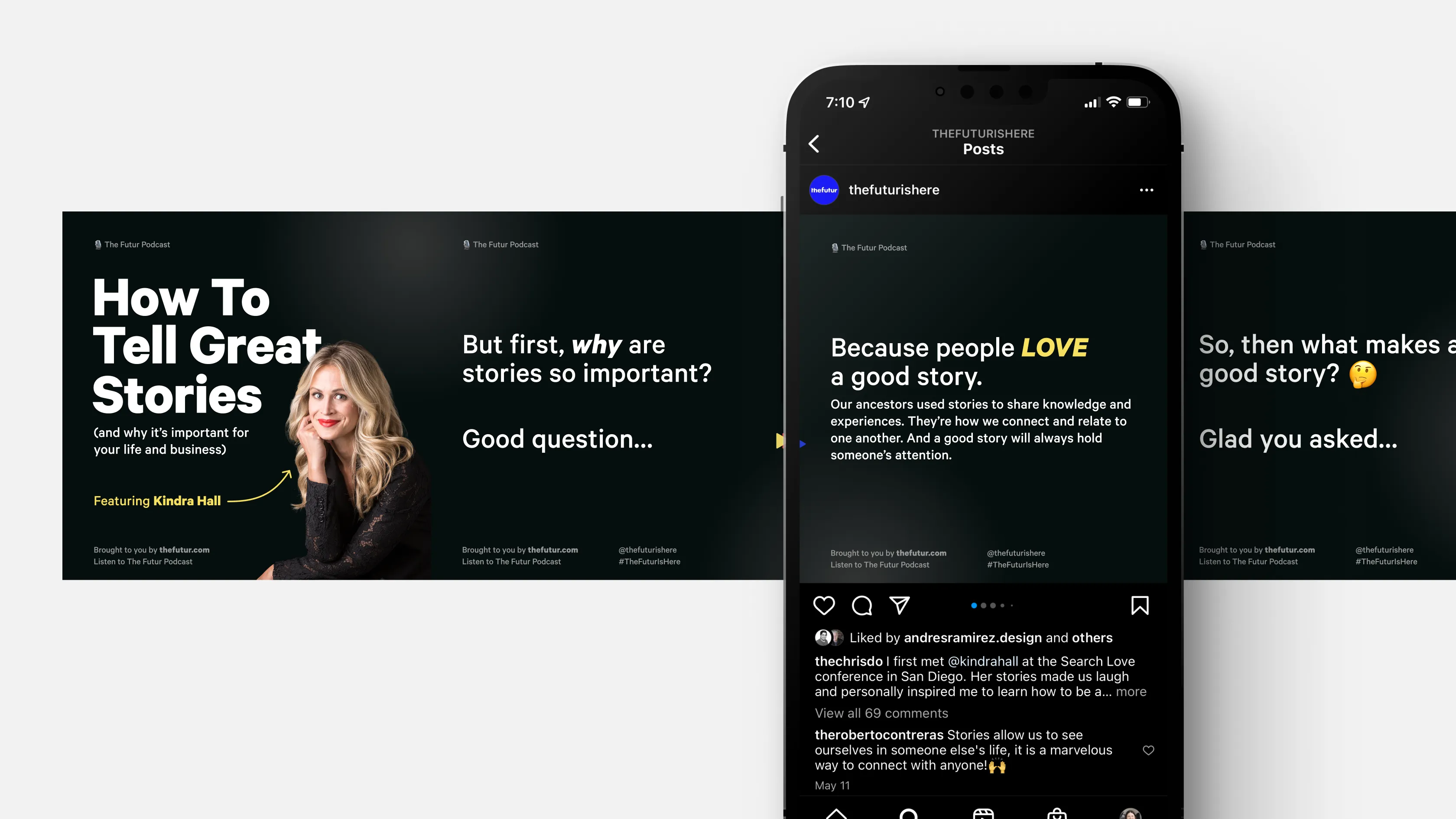 Content design for The Futur podcast in the form of a seamless Instagram carousel featuring a podcast guest