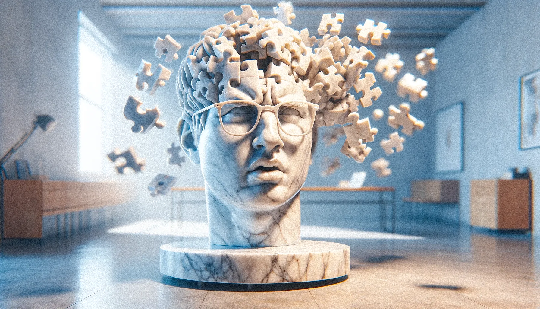 A digital artwork featuring a bust of a human head and upper torso rendered in white marble. The sculpture is highly stylized, with puzzle pieces floating and detaching from the head, suggesting a complex or possibly disassembling mind. The figure wears round, thin-framed glasses and has a neutral expression. The background shows a minimalist room with soft natural light coming from a window on the left, a bench, a table, and a lamp, all in a muted color palette.
