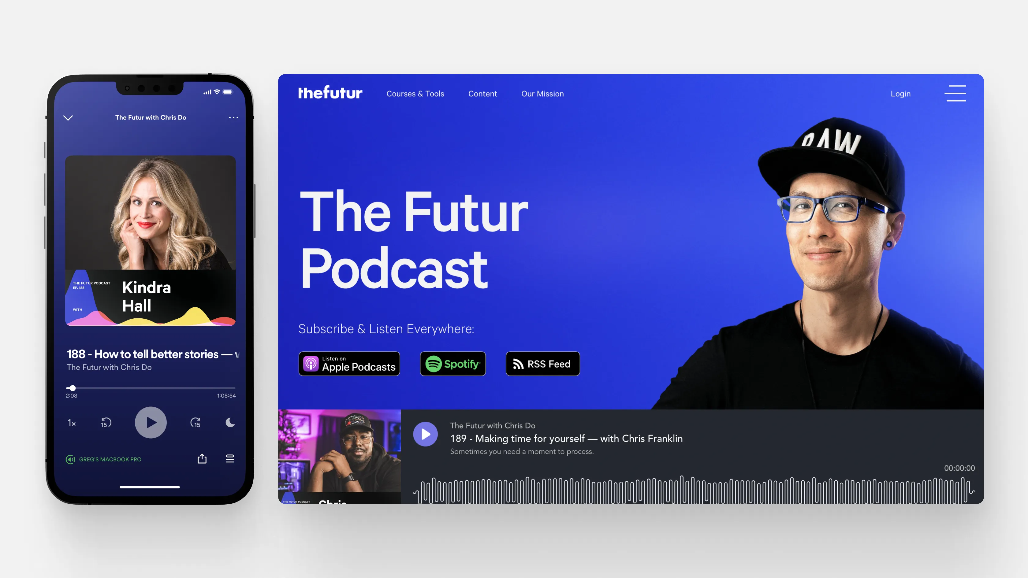 Two design mock ups for The Futur podcast: one episode artwork design and one podcast landing page design