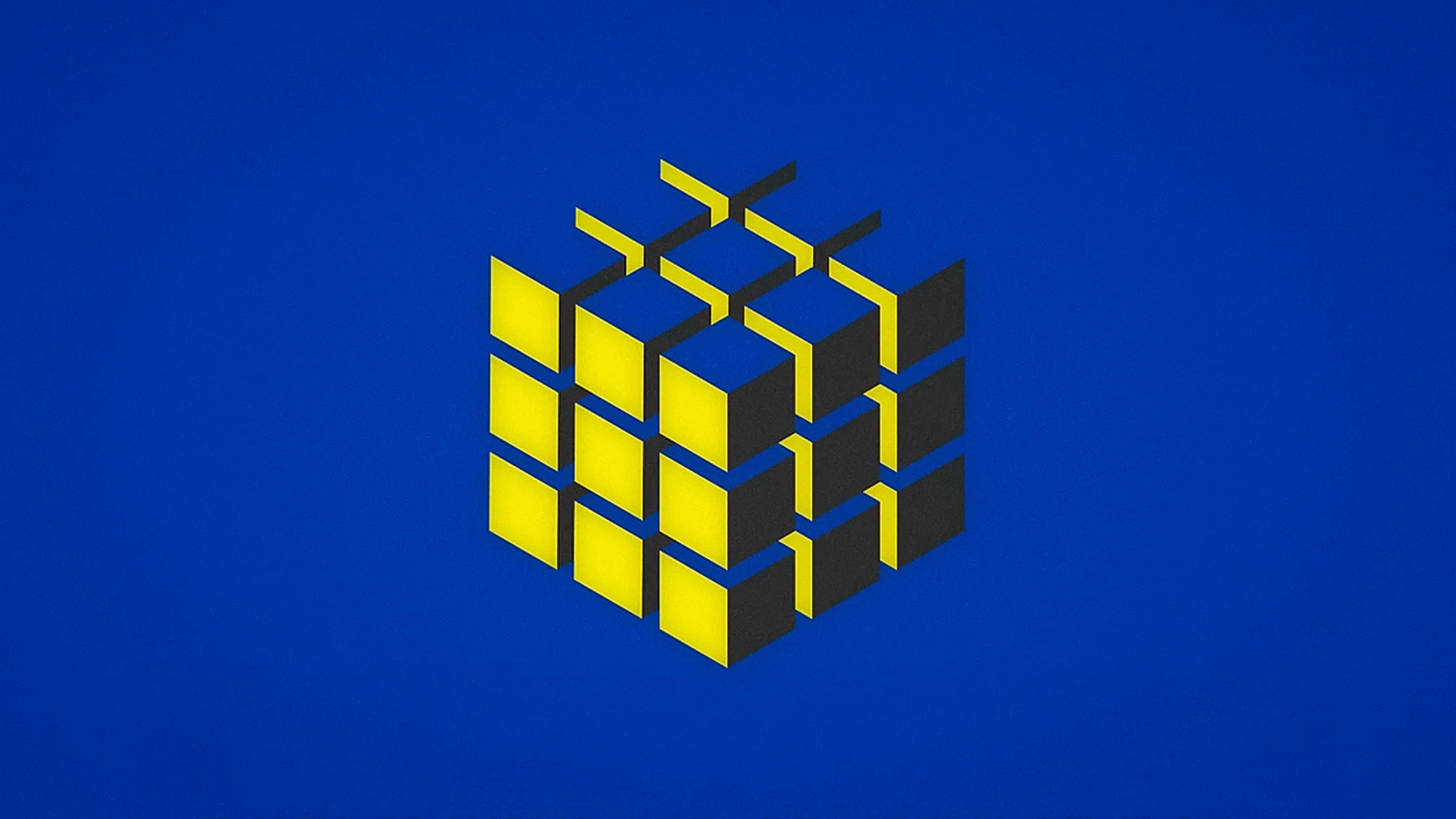 Image of a stylized Rubiks cube rendered in a three-dimensional flat color aesthetic over a deep blue background.