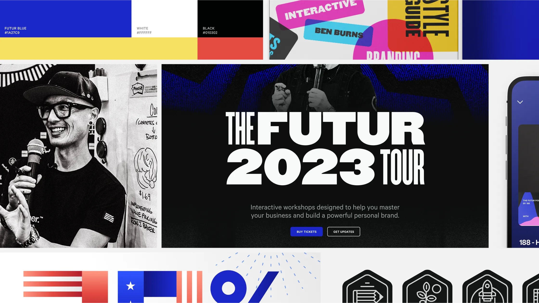 A collage of assorted brand, marketing, and web design images for The Futur
