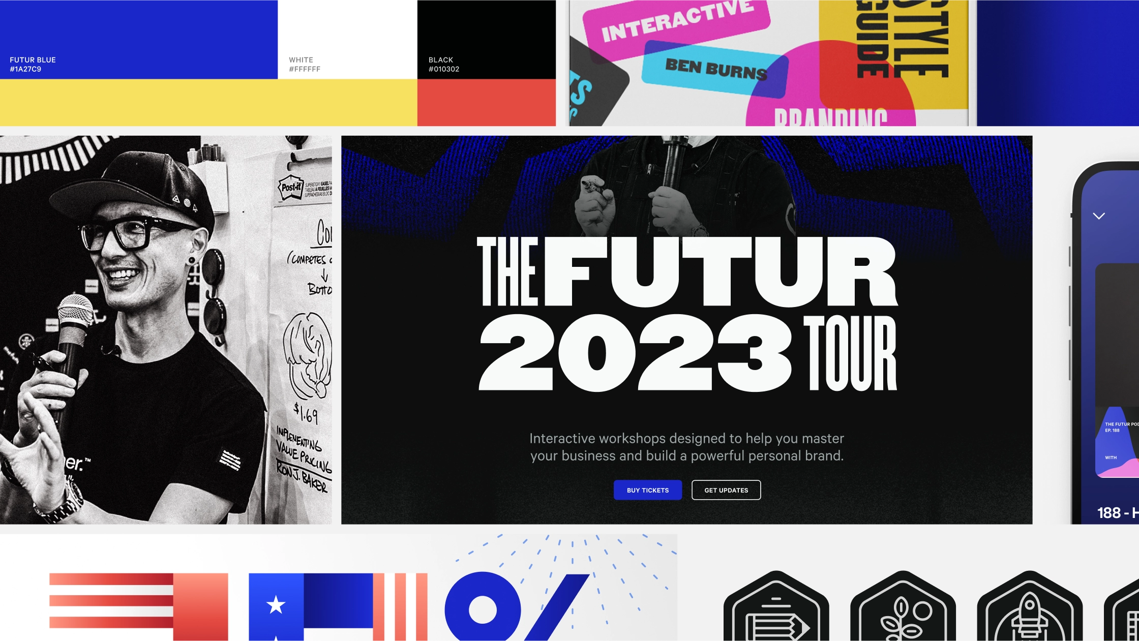 A collage of assorted brand, marketing, and web design images for The Futur