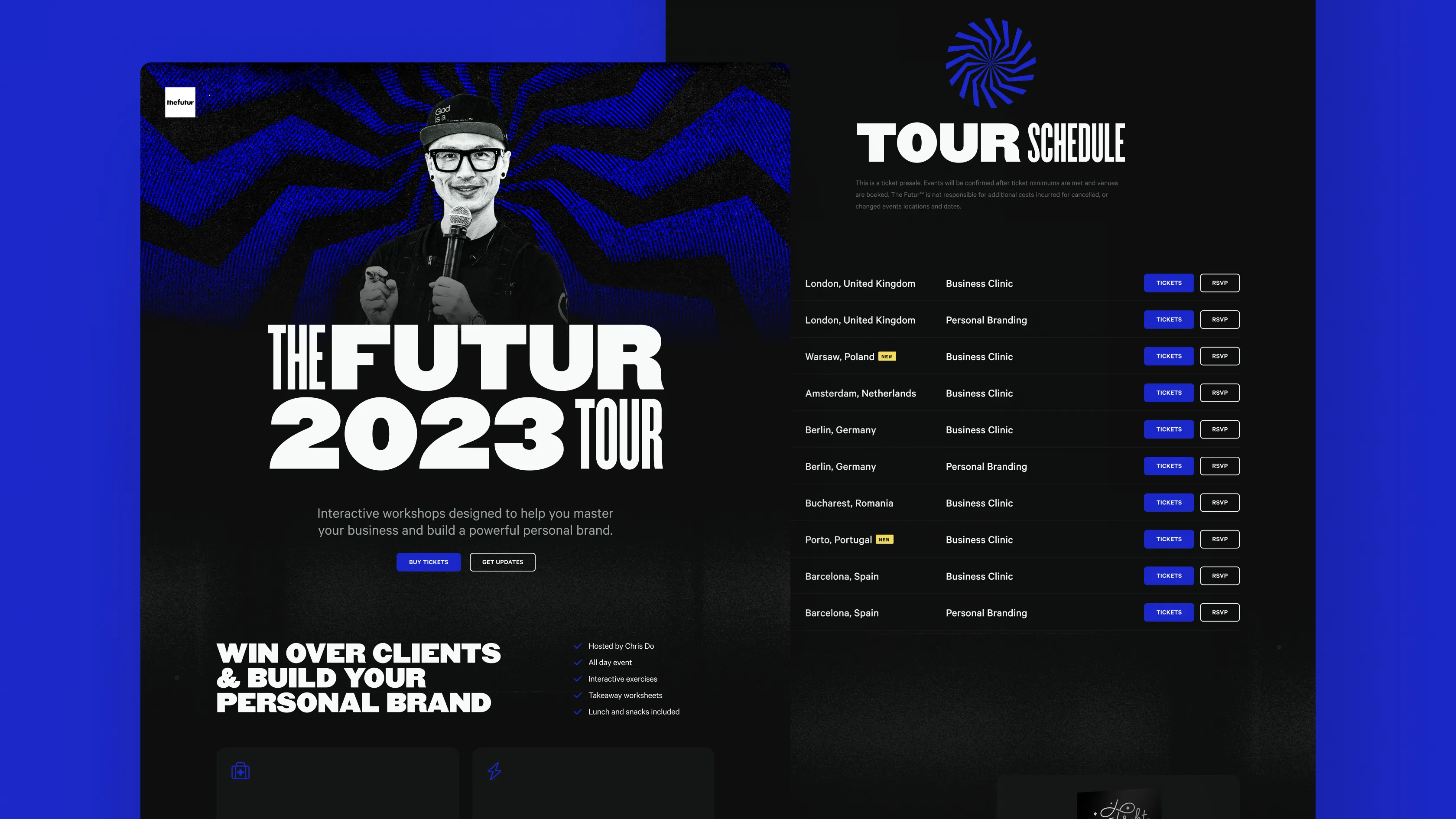 Design mock up for a The Futur tour landing page showing Chris Do and a list of tour dates with buttons to buy tickets